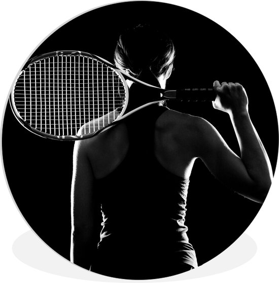 WallCircle - Wandcirkel ⌀ 30 - Tennisspeelster op een zwarte achtergrond - zwart wit - Ronde schilderijen woonkamer - Wandbord rond - Muurdecoratie cirkel - Kamer decoratie binnen - Wanddecoratie muurcirkel - Woonaccessoires