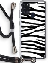 Case Company® - Samsung Galaxy A21s hoesje met Koord - Zebra pattern - Telefoonhoesje met Zwart Koord - Bescherming aan alle Kanten en Over de Schermrand