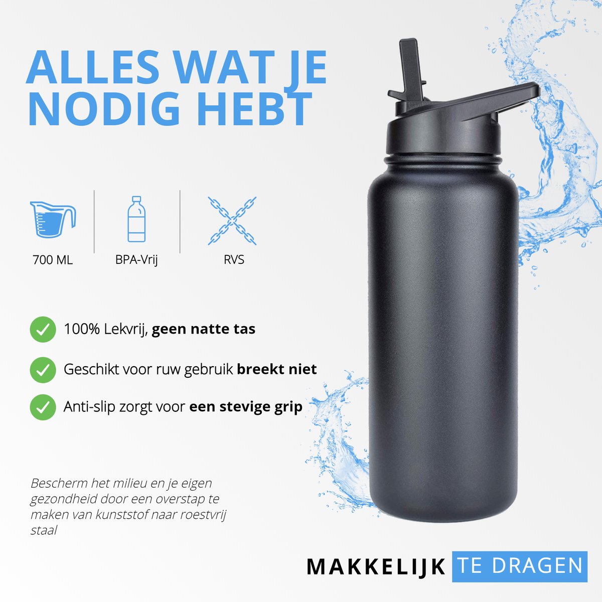 Breaking Limits Stalen Drinkfles met Rietje Gemaakt van Roestvrij Staal Waterfles...