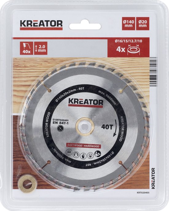 Kreator cirkelzaagblad van 140 mm met 40 tanden in verpakking. Incl. adapterringen. Tekst: KRT020405, Ø140mm, 40T.