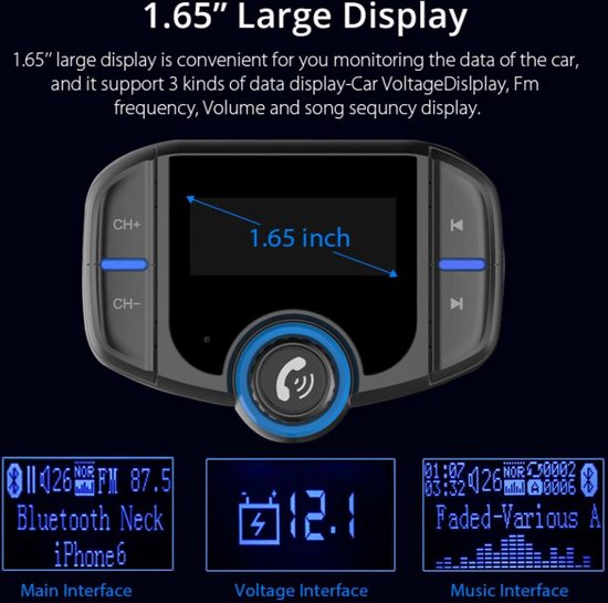 Zwarte FM-transmitter met 1.65" display, toont interfaces voor auto voltage, FM-frequentie en muziek.