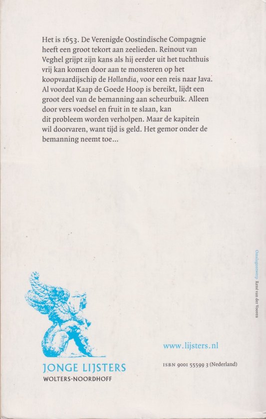 Boek 'JONGE LIJSTERS WOLTERS-NOORDHOFF' met een engel-illustratie en tekst over de Verenigde Oostindische Compagnie.