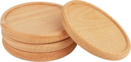 QUVIO Onderzetters set van 4 - Glasonderzetters - Onderleggers - Onderzettersset - Tafelaccessoires - Voor glazen, koppen en mokken voor op tafel - Rond - 4 stuks - 8,5 cm (d) - Hout - Lichtbruin