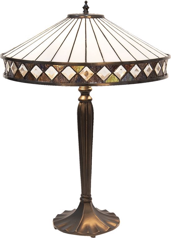 LumiLamp Tiffany Lampe de table Ø 41*59 cm E27/max 2*60W Wit, Brun Glas Art Deco Tiffany Lampe de bureau Lampes Tiffany
