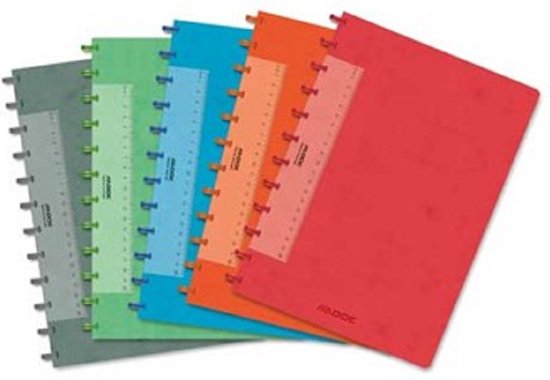 Vijf notitieboeken in verschillende kleuren: rood, oranje, blauw, lichtgroen en grijs, met linialen aan de zijkant.