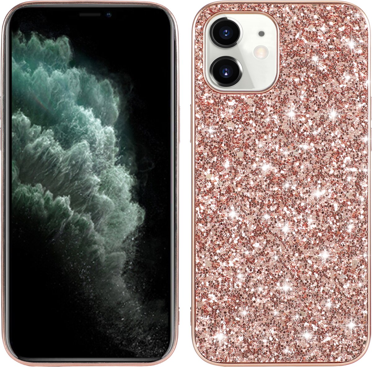 Backcover geschikt voor Apple iPhone 12 Mini - Roze - Glitters - Hard PC Hoesje