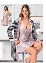 Kimono- Nachtjapon- 2-delig Deluxe Kimono- Nachtjapon Nachtjurk- Sexy nachtkleding 2095- Poeder roze met zwart streepjes- Maat L