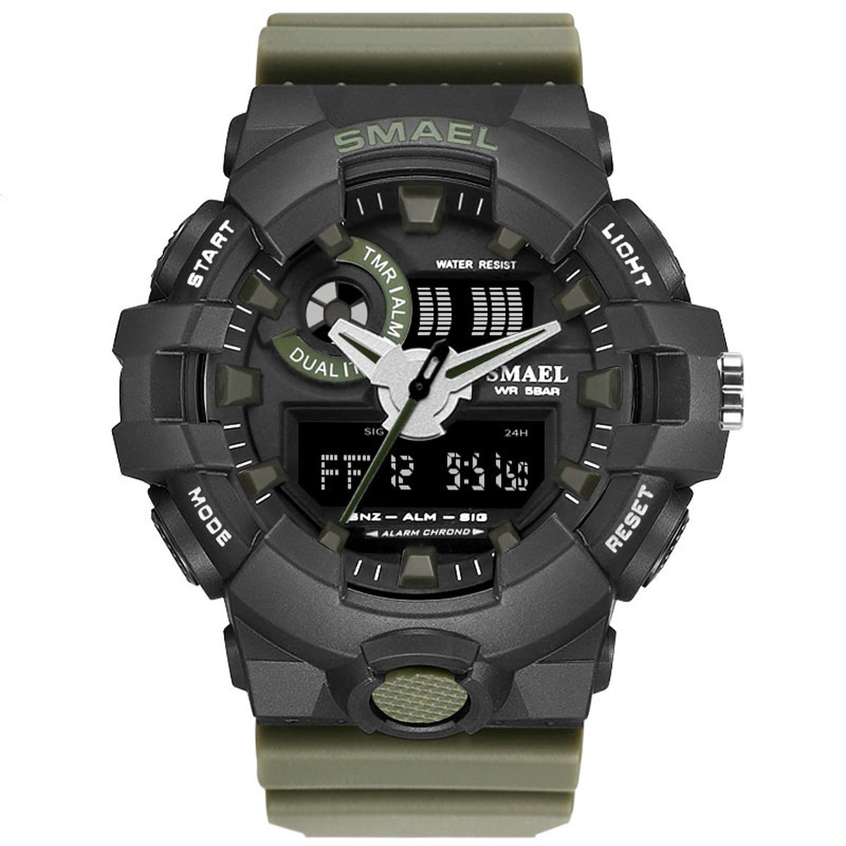 Camouflage Shock Bestendig Heren Horloge Zwart met Groene rubber band | Smael | Waterdicht | Glow in dark | Mud Master | Leger | Grof | Licht | Rubberen band | Timer | Army | Kaki | Eyecatcher | Master| Vaderdag Cadeau | Vaderdag | kado|