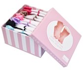 Festives: doos met 6 paar sokjes voor baby meisje 0-12 maanden. Satijnen strikjes -Anti slip zooltjes-Kraamcadeau-Baby shower