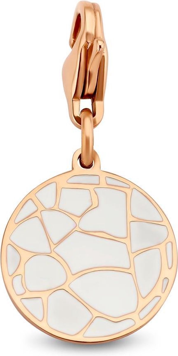 CO88 Collection Charms 8CH 00015 Stalen hanger - 15 mm - Bedel - Rond - Emaille - Wit - Roségoudkleurig
