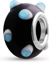 Quiges Glazen Kraal Bedel - Zwart met Blauw Wit 3D Stippen - 925 Zilver - GZ190