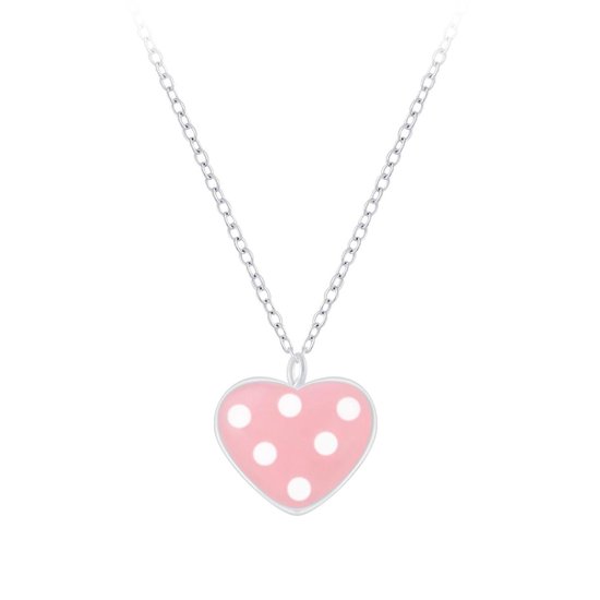 Joy|S - Zilveren roze hartje hanger met ketting 36 cm + 5 cm witte stippen