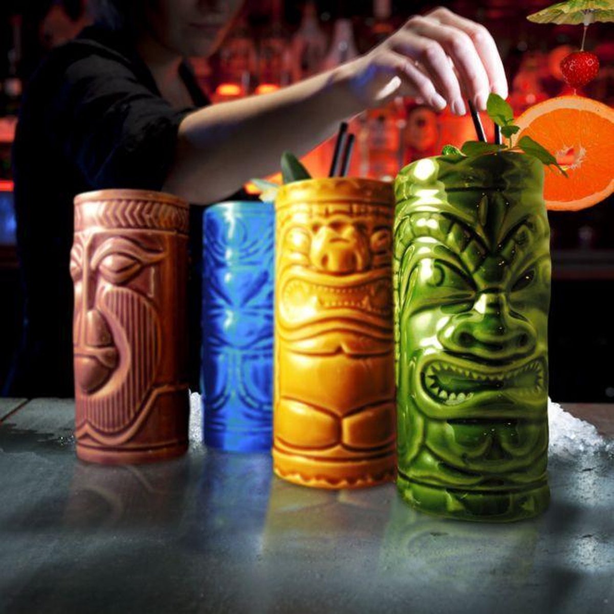 MikaMax Tiki Mugs - Beker - Hawaii Decoratie - Mok - 4 Stuks - Groen/Paars/Geel/Blauw
