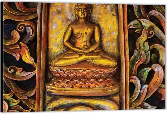 Dibond –Buddha met Versieringen– 90x60 Foto op Aluminium (Wanddecoratie van metaal)