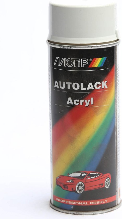 Motip Autolak Acryl spuitbus in de kleur wit met een regenboogprint en een rode sportauto.