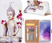 Samsung Galaxy J4 (2018) Boeddha Bloem Design Booktype Kunstleer Hoesje Met Pasjesruimte