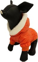 Winterjas glimmend voor de hond in de kleur oranje met bont randje - L ( rug lengte 28 cm, borst omvang 34 cm, nek omvang 32 cm )