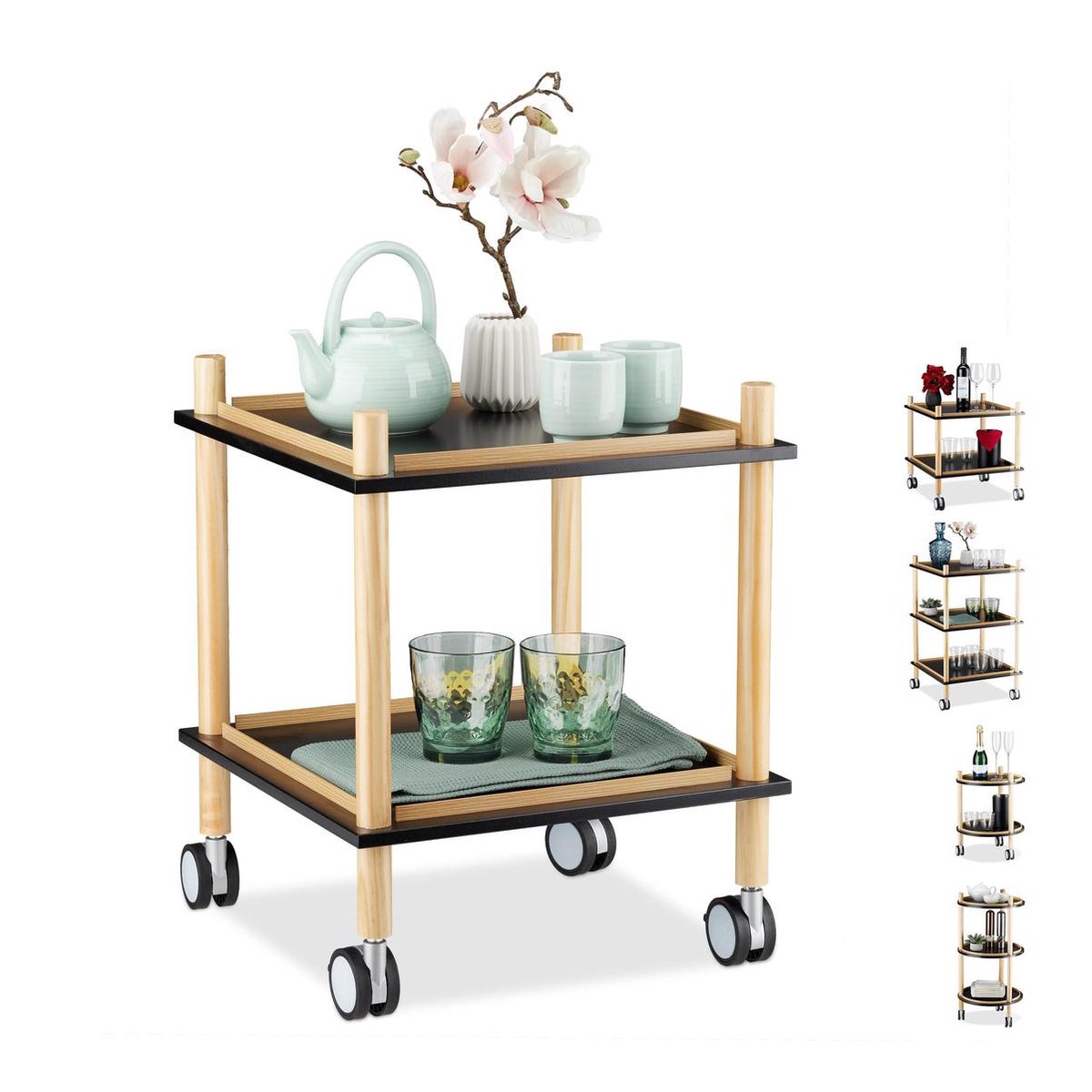 Relaxdays side table on wheels, 2 floors, square, living room, glass & steel, mobile coffee table, transparent/silver