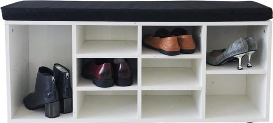 Schoenenkast hal bankje - open schoenenrek - zitkussen wit - 103,5 x 55 x  35 cm | bol.com