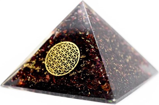 Orgoniet Piramide Granaat met Bloem des Levens (70 mm)