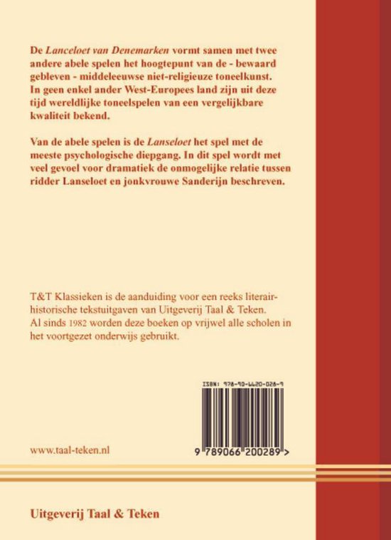 Achterkant van een boek met tekst over toneelstukken en ISBN-nummer. Verticale rode band aan de rechterkant.