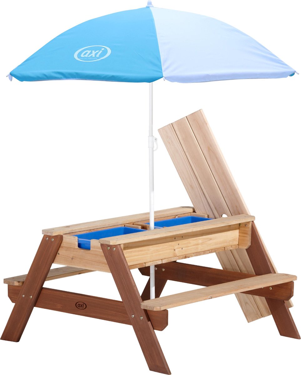 AXI Nick Picknicktafel / Zandtafel / Watertafel voor kinderen in bruin met parasol in blauw/wit Multifunctionele