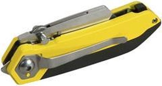 Gele Stanley FatMax vouwmets met zwart handvat, gesloten en met clip.