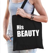 His beauty katoenen tas zwart met witte tekst - tasje / shopper voor dames