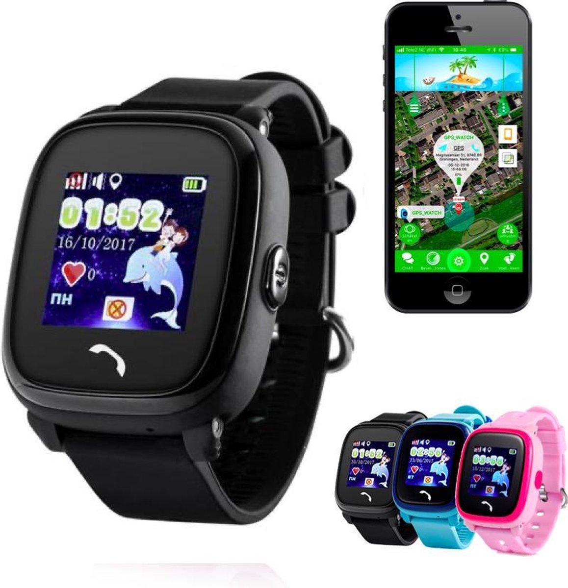 GPS horloge kind tracker AQUA Junior Wifi zwart SOS bellen