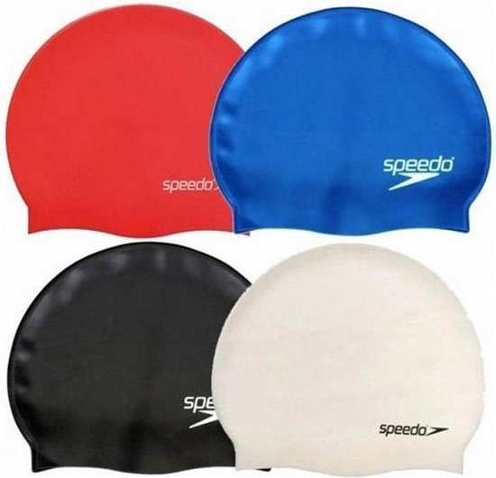 Vier Speedo badmutsen: rood, blauw, zwart en wit. Allen met het Speedo logo.