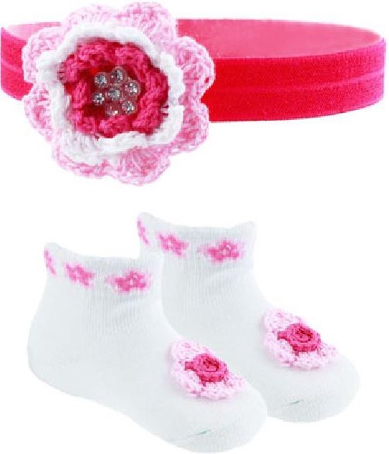 Soft Touch - Baby Geschenkset - Sokjes & Haarband - Gehaakte Bloem - 0-3 mnd - Fuchsia