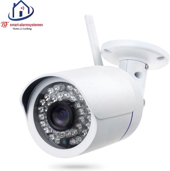 Witte bullet-beveiligingscamera met infraroodlampjes, wifi-antenne en logo.