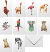 10 blanco wenskaarten tropische dieren - kaartenset met envelop - zonder tekst - dubbelgevouwen kaarten in luxe doosje - A6 formaat - illustraties handgeschilderd door Mies