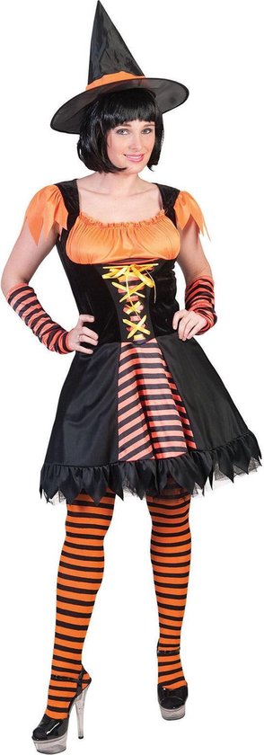 Funny Fashion - Heks & Spider Lady & Voodoo & Duistere Religie Kostuum - Oranje Heks Harrarira - Vrouw - Oranje, Zwart - Maat 36-38 - Halloween - Verkleedkleding