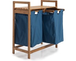 Lumaland Wasmand van bamboe - met 2 uitschuifbare waszakken - 60 L - Blauw