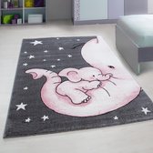 Kids Olifant Vloerkleed Kinderkamer Roze / Grijs Laagpolig- 160x230 CM.