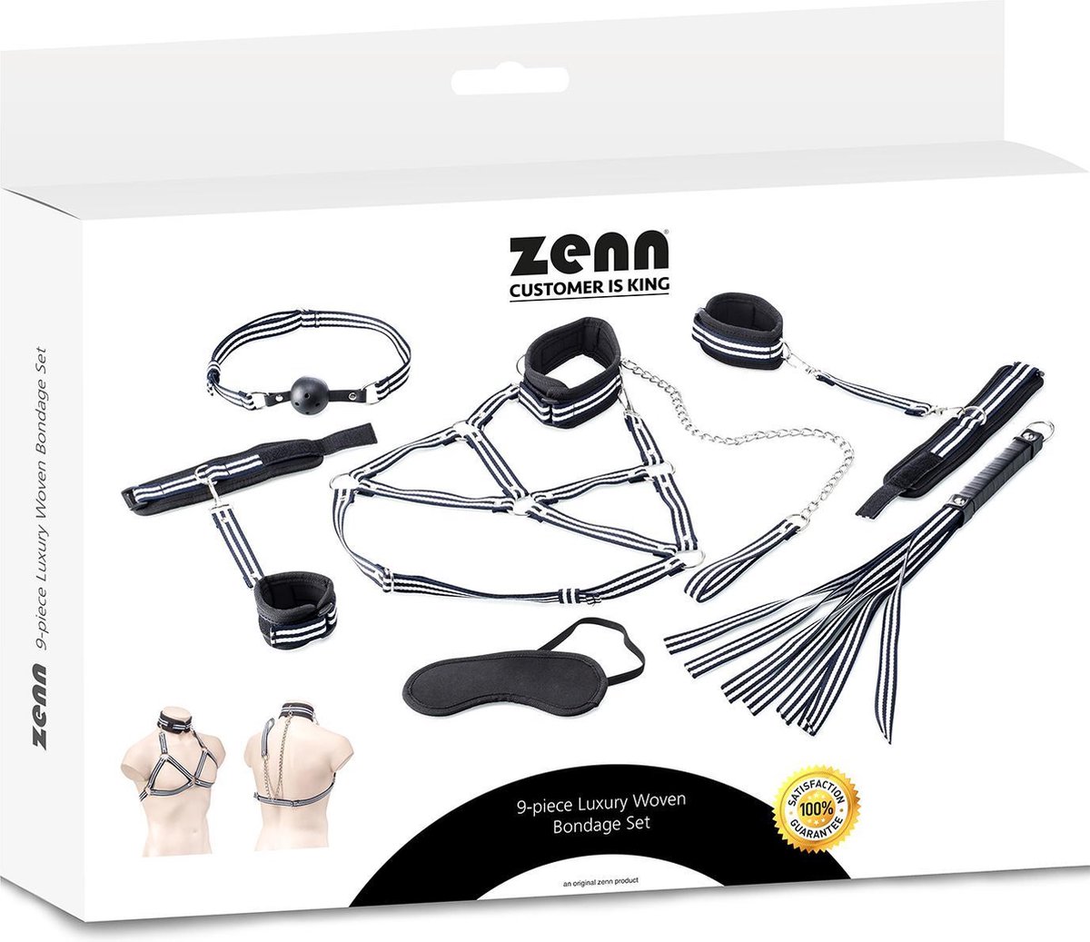 Goedkoopste Zenn - 9 delige luxe geweven bondage set - Zwart / Wit