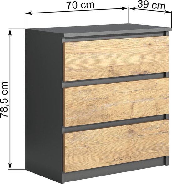 Pro-meubels - Ladekast - Norton - Antraciet/Eiken - 70cm - 3 lades -  Commode | bol.com