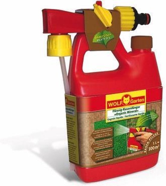 WOLF-Garten Organic Power vloeibare gazonmest LO 100 B - voor 100m2 - 1 liter fles - dik groen gazon - activeert het gras - snelle en effectieve toevoer voedingsstoffen - fles op tuinslang aansluiten