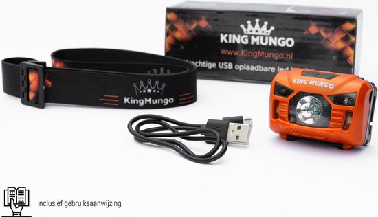 Hoofdlamp LED Oplaadbaar Oranje - Leeslampje voor Boek - Hardloop verlichting - Kluslamp - 160 Echte Lumen - King Mungo KMHL019