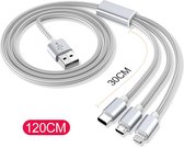 1.2m 3 in 1 USB naar 8 pins en USB-C / Type-C en Micro USB Nylon Weave oplaadkabel, voor iPhone / iPad / Galaxy / Huawei / Xiaomi / LG / HTC / Meizu en andere slimme telefoons (gijs)