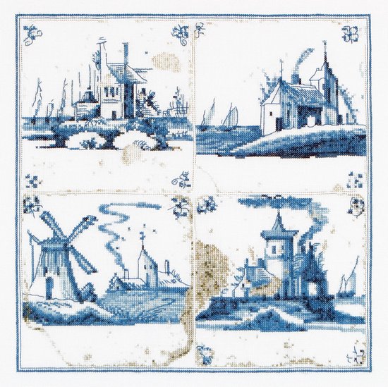 Thea Gouverneur - Borduurpakket met telpatroon - 484A - Voorgesorteerde DMC Garens - Delfts Blauwe Tegels Dorpjes - Aida - 28 cm x 28 cm - DIY Kit