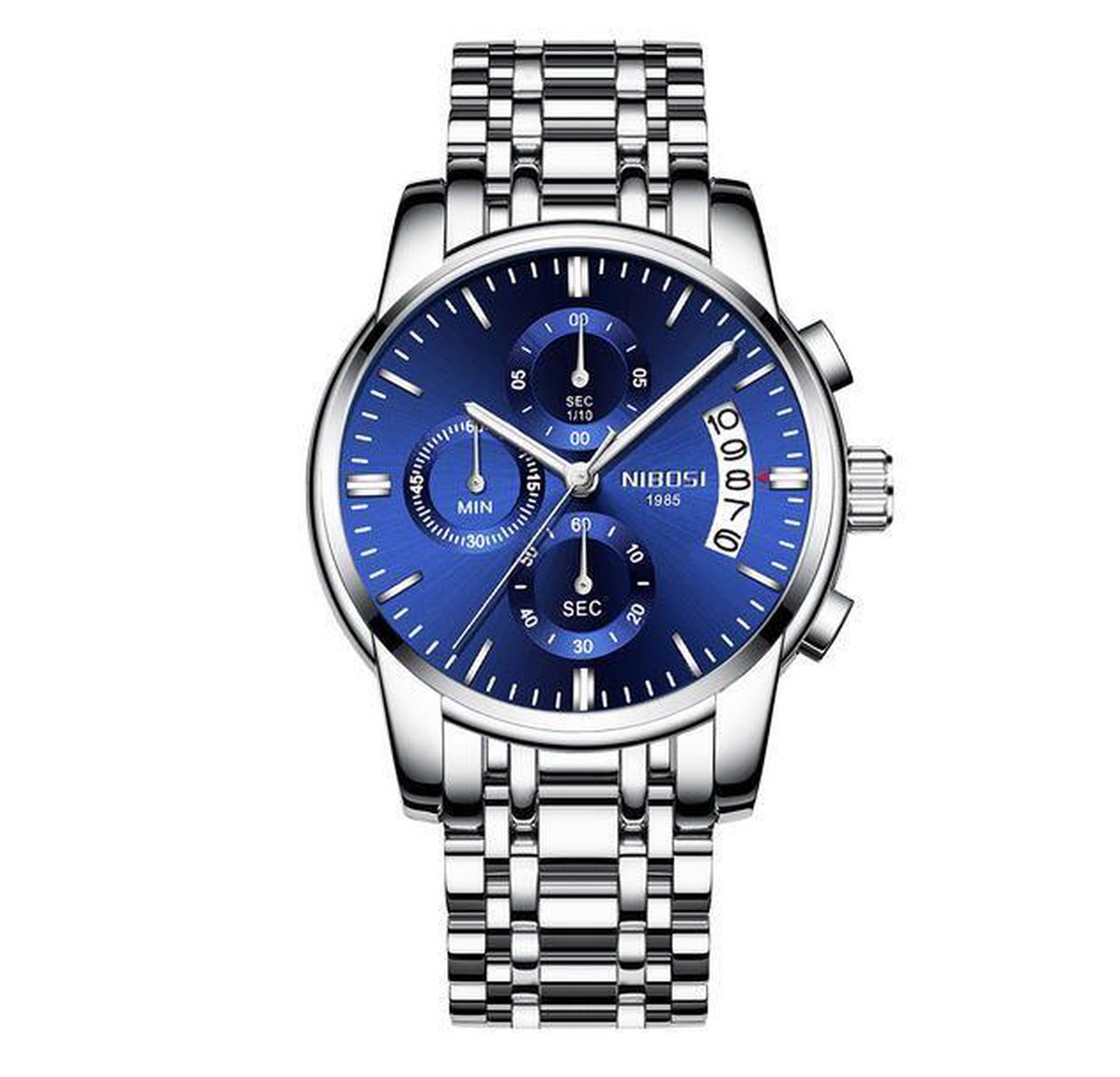 Nibosi horloges voor mannen - zilver schakelband - zilver kast - blauw uurwerk - Heren - Ø 42 mm - Roestvrij Staal - Waterdicht tot 3 bar - Chronograaf - Geschenkset- datumweergave