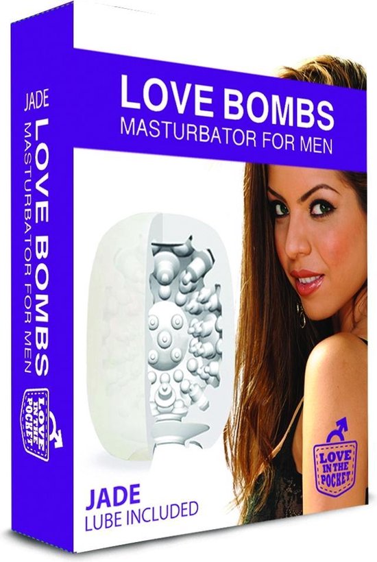 Verpakking van Love Bombs Jade masturbator voor mannen. Glijmiddel inbegrepen.