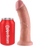 Un gode ceinture beige, en forme de poire, à côté d'une canette rouge avec le logo Pipedream.