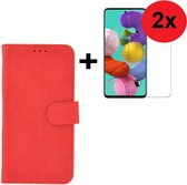 Geschikt voor Samsung Galaxy A51 / A51s Hoes Wallet Book Case Cover Pearlycase Rood + 2X Screenprotector Tempered Gehard Glas 2 stuks