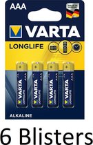 24 Stuks (6 Blisters a 4 st) Varta Longlife AAA Alkaline Batterij