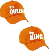 Her King en His Queen petten / caps oranje met witte letters voor volwassenen - Koningsdag - bruiloft - cadeaupetten / feestpetten voor koppels