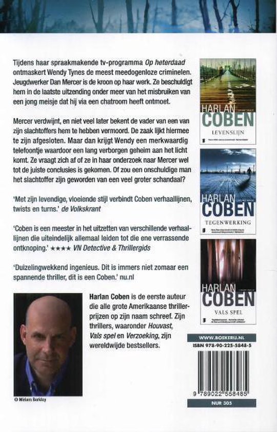 Achterkant boek 'Verzoeking' met foto auteur, boekbeschrijving en titels van andere boeken van Harlan Coben.