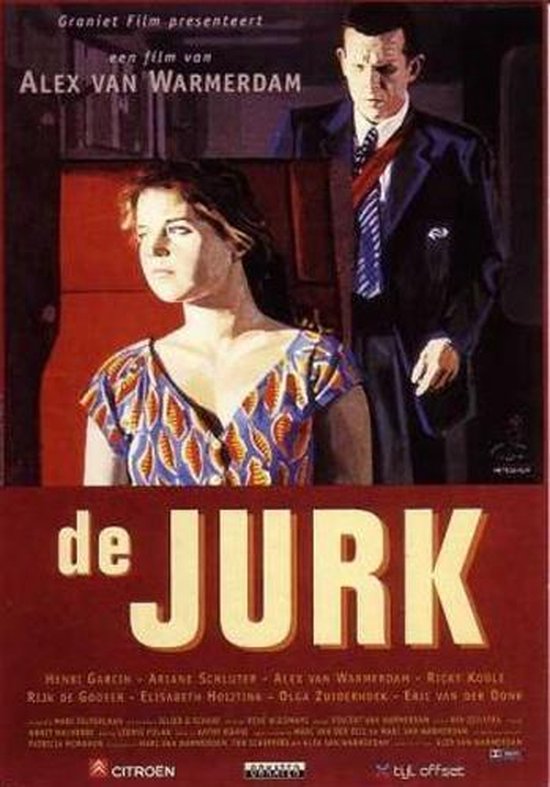 Een vrouw met een patroonjurk kijkt weg, een man staat achter haar. Titel: 'de Jurk'.